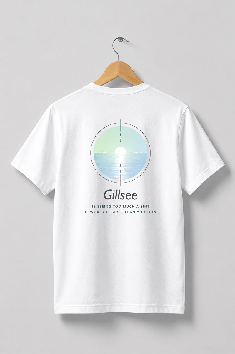 GILLSEE白Tシャツの背面、海と太陽のデザイン